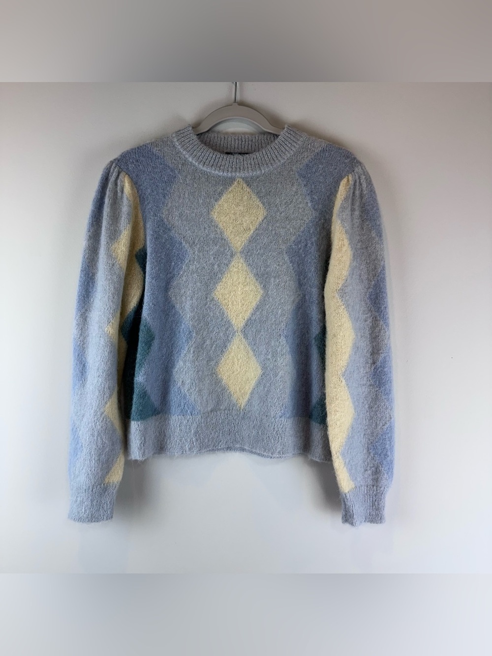 NEW J.Crew Gray Blue Diamond Checked Cropped Crewneck Alpaca Wool Sweater Small
